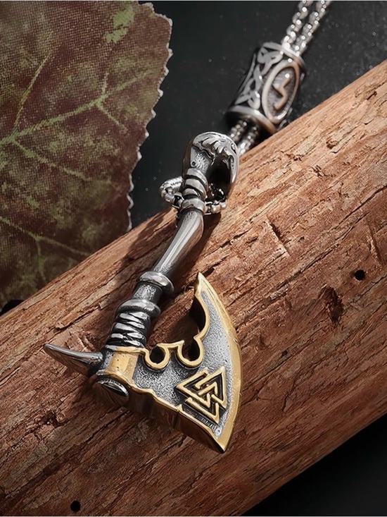 None Jewelry - Gold and silver toned two-color Viking battle ax pendant necklace.